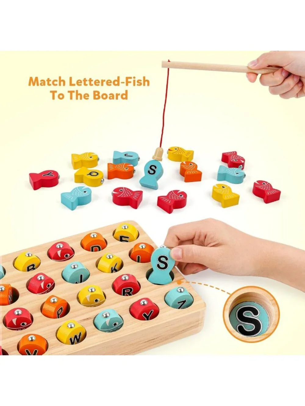 Wooden Magnetic Fishing Game - Fine Motor Skills, Alphabet Color Sorting Puzzle